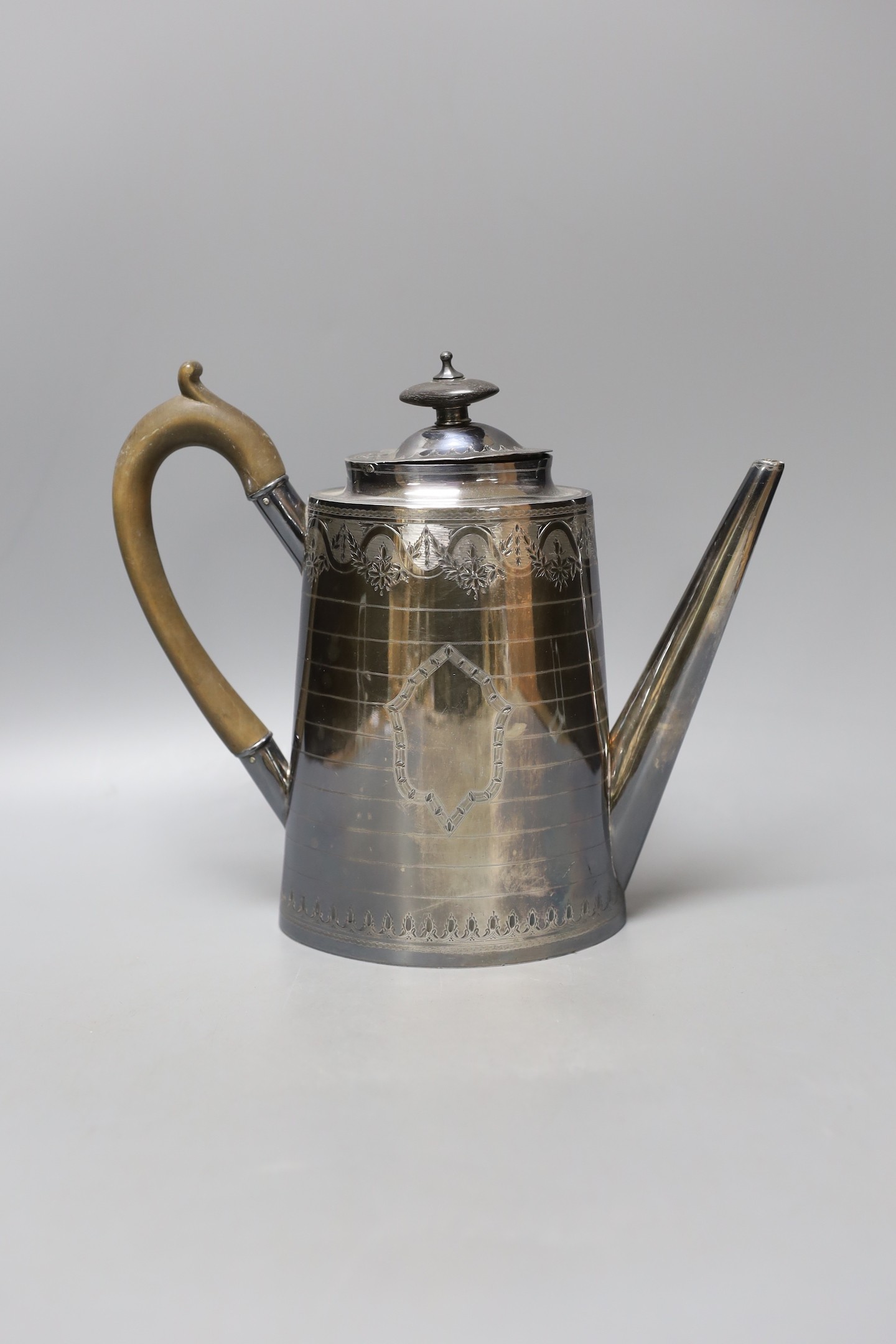 A Victorian engraved silver coffee pot, Fenton Brothers, Sheffield, 1875, height 22.3cm